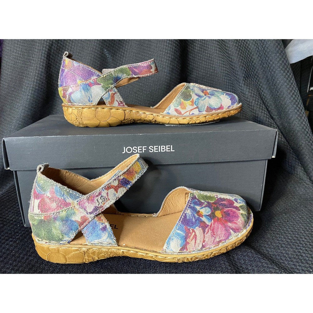 Josef Seibel Rosalie 42 Floral Leather Sandals Print Mate Graphite Womens 37 6.5